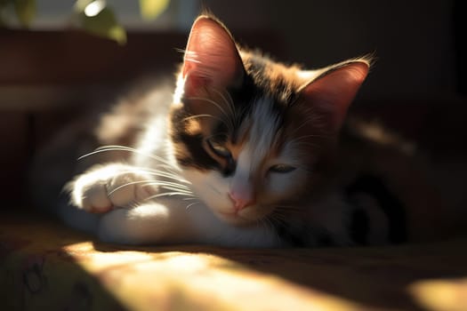 The peaceful kitten is curled up contentedly, basking in the warmth of the sunbeam.