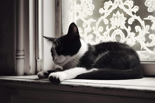The kitten is enjoying a cozy nap on a sunny windowsill with a view of a bustling city street.