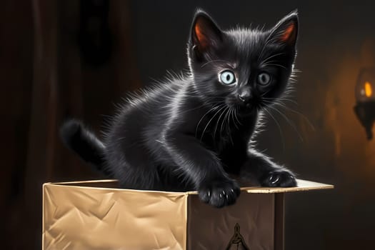 Surprise! The black kitten pops out of the gift box, eyes wide with excitement.
