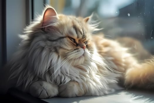 The kitten is peacefully dozing off in the warm sunlight streaming through the window.
