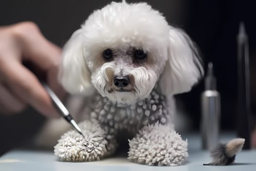 The poodle looks slightly embarrassed as it gets a trim, but the groomer assures it that it looks fabulous!
