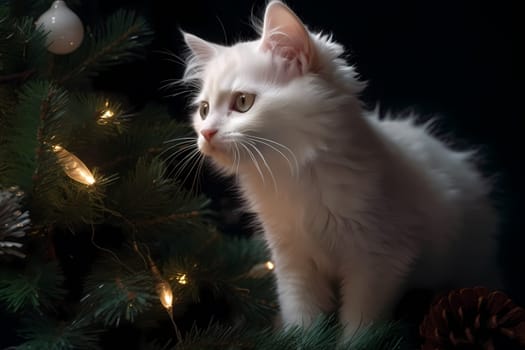 The fluffy white kitten is climbing the Christmas tree and batting at the shiny baubles with its cute little paws, in the festive spirit of the holiday season.