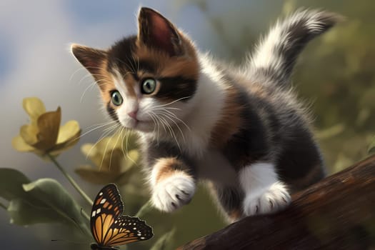 The kitten leaps up, trying to catch the fluttering butterfly but keeps missing.