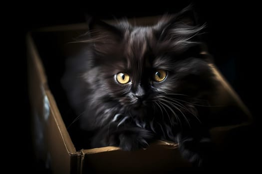 The tiny black ball of fluff is peeking out of a cardboard box, twitching its tail and playing a game of hide and seek.