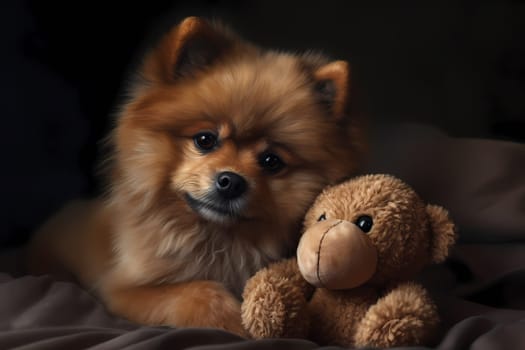 The pomeranian is curled up and snuggling with a soft teddy bear, looking adorable!