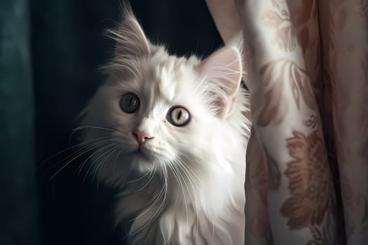 The white kitten looks like it's stuck while hanging from the curtain rod, but it's actually just practicing its ninja skills