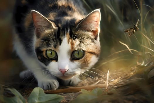The curious calico is sneaking up on a bug, carefully plotting its attack