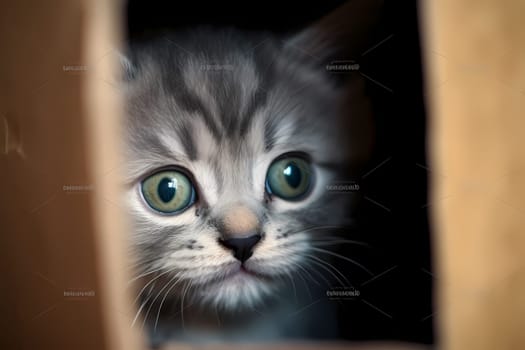 The kitten is hiding in a cardboard box, keeping an eye on the world from the safety of her cozy hideout.