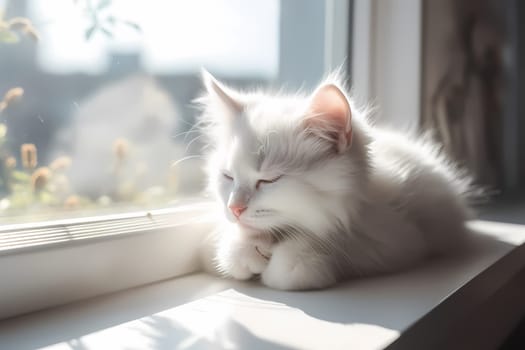 The cozy kitten is sound asleep, her fluffy white fur glowing in the warm sunlight.