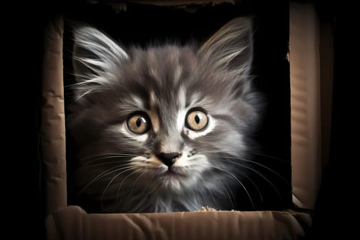 The kitten is hiding in a cardboard box, keeping an eye on the world from the safety of her cozy hideout.