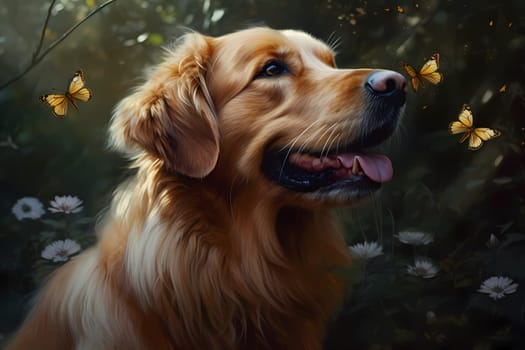 The golden retriever is jumping and chasing after a colorful butterfly in the garden.