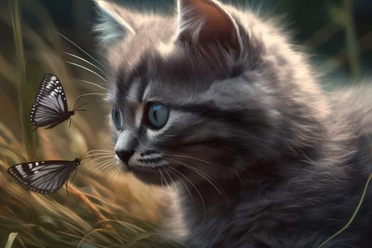 The curious kitten crouches low, slowly inching closer to the fluttering butterfly before pouncing towards it playfully.
