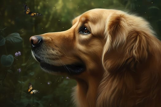 The golden retriever is jumping and chasing after a colorful butterfly in the garden.