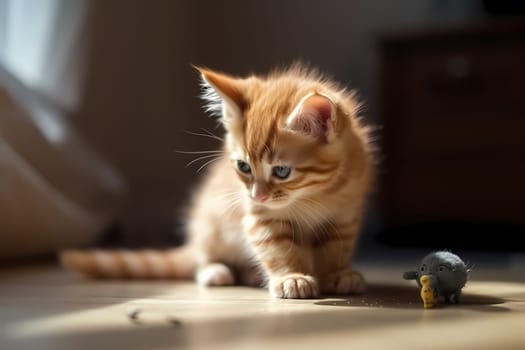 The little kitten is pouncing on the toy mouse, biting and clawing at it relentlessly, flipping it in the air and chasing it again.