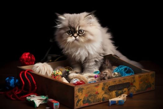 The fluffy kitten excitedly digs through the pile of toys, tossing each one around and pouncing on them with glee!