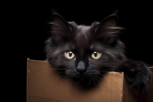 The tiny black ball of fluff is peeking out of a cardboard box, twitching its tail and playing a game of hide and seek.