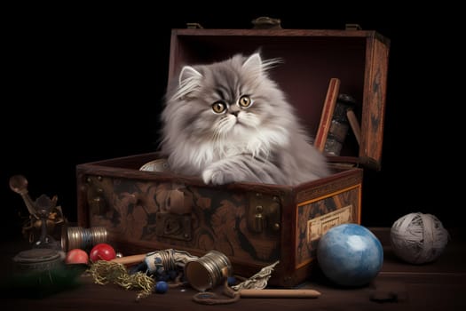 The fluffy kitten excitedly digs through the pile of toys, tossing each one around and pouncing on them with glee!