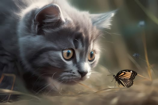 The curious kitten crouches low, slowly inching closer to the fluttering butterfly before pouncing towards it playfully.