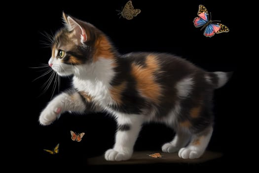 The kitten leaps up, trying to catch the fluttering butterfly but keeps missing.