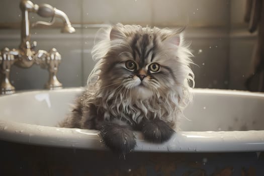 This pampered kitten is luxuriating in a warm bubble bath, with delicate flowers floating around her.