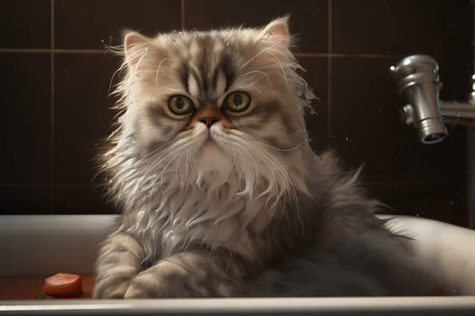 This pampered kitten is luxuriating in a warm bubble bath, with delicate flowers floating around her.
