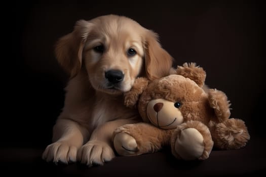This golden fluffball is snuggled up with its stuffy, looking peaceful and content.