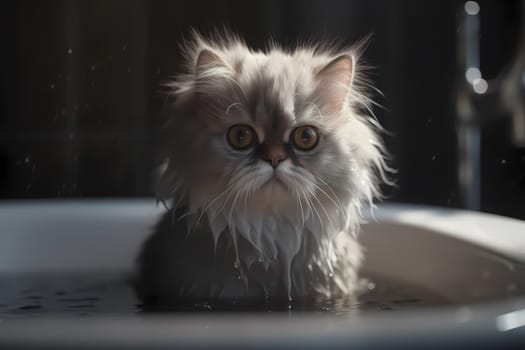 This pampered kitten is luxuriating in a warm bubble bath, with delicate flowers floating around her.