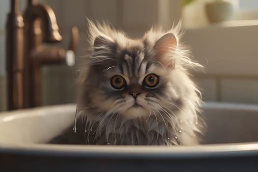 This pampered kitten is luxuriating in a warm bubble bath, with delicate flowers floating around her.