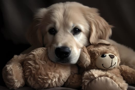 This golden fluffball is snuggled up with its stuffy, looking peaceful and content.