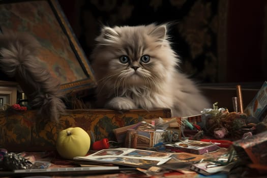 The fluffy kitten excitedly digs through the pile of toys, tossing each one around and pouncing on them with glee!