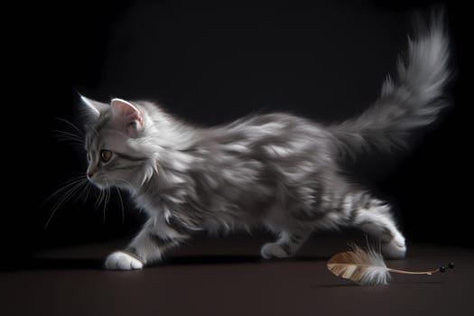 The kitten is pouncing and leaping after the feather toy, showing off its acrobatic skills.