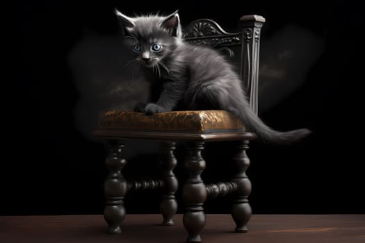This curious little kitten is carefully balancing on the back of a chair, eyes bright and ears perked up as she explores her surroundings.