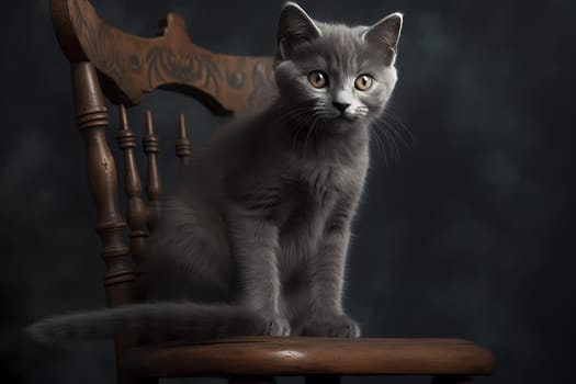 This curious little kitten is carefully balancing on the back of a chair, eyes bright and ears perked up as she explores her surroundings.
