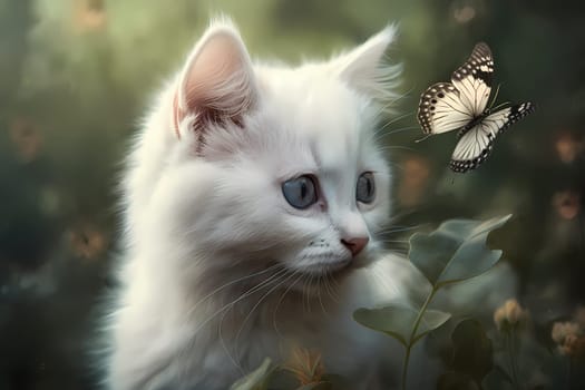 The kitten is pouncing and leaping with excitement, determined to catch the fluttering butterfly
