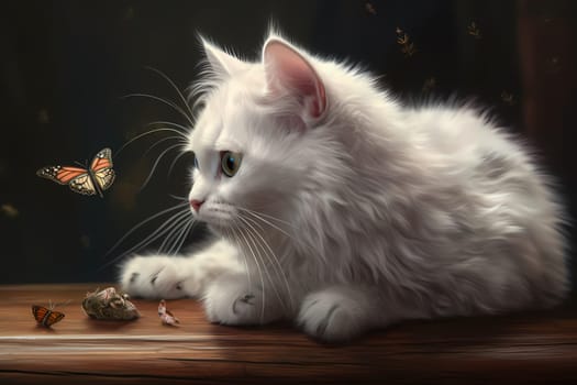The kitten is pouncing and leaping with excitement, determined to catch the fluttering butterfly