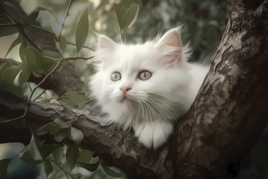 This adventurous kitten had climbed up a tree and now seems to be stuck on a high branch, meowing for help.
