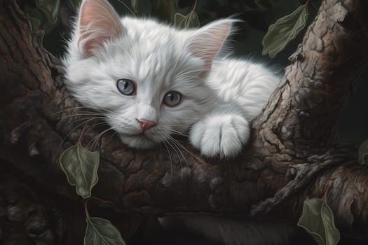 This adventurous kitten had climbed up a tree and now seems to be stuck on a high branch, meowing for help.