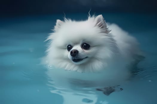 The pomeranian looks adorable floating in the pool on its fluffy fur.
