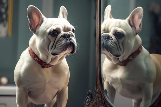 The pudgy Frenchie is jumping and barking at himself in the mirror, tail wagging with excitement.