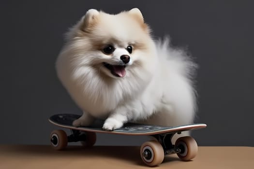 The Pomeranian balances adorably on the skateboard, cruising down the sidewalk like a tiny furry pro.