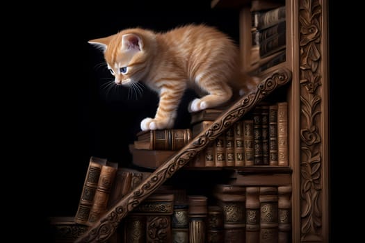 The adventurous kitten is scaling the towering bookshelf with ease, determined to reach the very top!