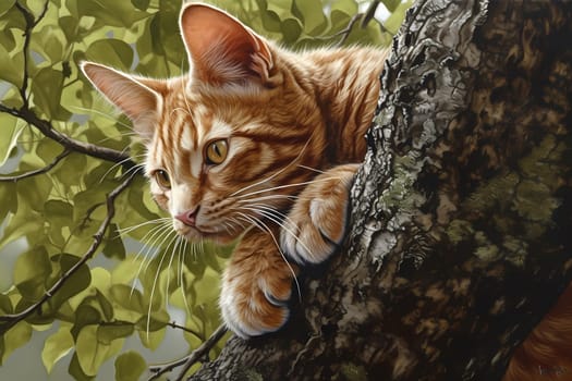 The kitten meows for help as it tries to make its way down from the tall branch.