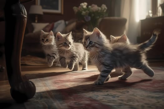 The playful kittens are having a blast chasing each other around the room, tumbling over furniture and toys in a flurry of fur.