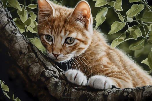 The kitten meows for help as it tries to make its way down from the tall branch.