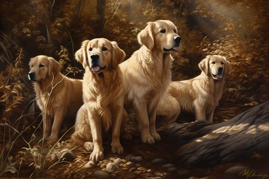The golden retriever puppies are running wildly and sniffing everything in sight while exploring nature.