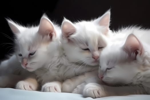 The kittens are cuddled up in a cute, fluffy pile snoozing peacefully.