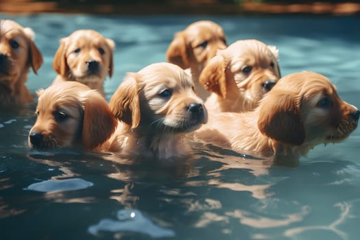 The puppies are splashing around happily while their owner encourages them from the side.