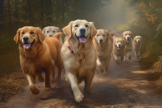 The golden retrievers are running as fast as they can and are having a blast.