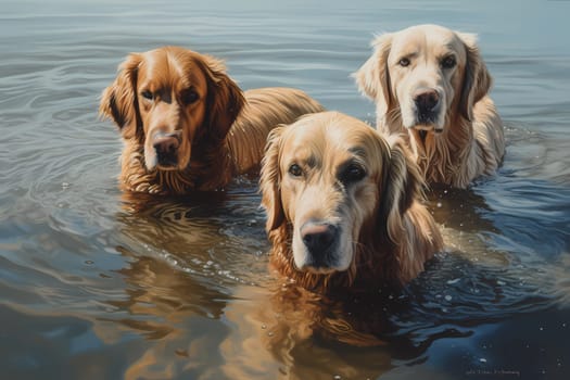 A happy pack of golden retrievers are enjoying the cool water and chasing after each other.