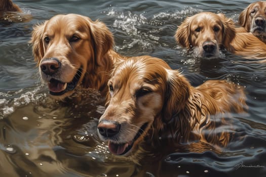 A happy pack of golden retrievers are enjoying the cool water and chasing after each other.